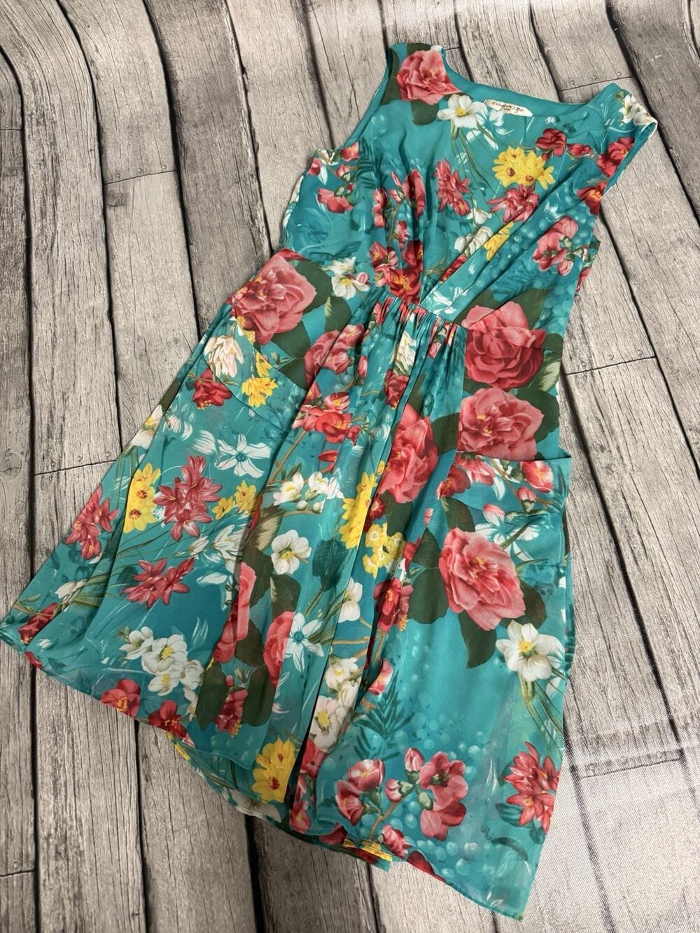 Women’s Evan Picone Sleeveless Dress Sz 10 Teal W Floral Pockets Side Zip
